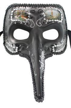 Long nosed carnival mask with glitter and rhinestone details. Italy Outline, Carnival Mask, Nose Mask, Long Nose, Mask Black, Satin Ribbons, Carnival Masks, Rick Rack, Black Mask