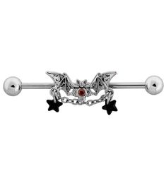 Industrial barbells with a bat design that has a red cz gem in the center with a dangling chain and two black opalite stars attached. Cool style for your industrial piercing collection. Made from 316L stainless steel. Size 14G. Comes fully assembled on a 1-1/4" (32mm) barbell and packaged with an extra 1-1/2" (38mm) and 1-3/8" (35mm) barbell with extra silicone rings and 2 extra balls. Sold in pairs (2pcs). Free shipping on US orders over $20! Pretty Industrial Piercing, Piercing Collection, Singer Dr, Industrial Piercing Jewelry, Bat Design, Barbell Earrings, Cool Piercings, Industrial Jewelry, Industrial Barbell