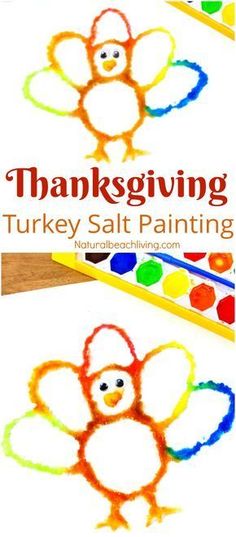 thanksgiving turkey salt painting craft for kids to make with colored crayons and watercolor pencils