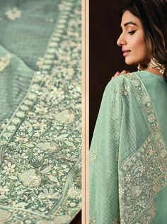 COLOR : Mint Green FABRIC : Top - Soft Organza, Bottom - Dull Santoon, Dupatta - Soft Organza WORK : Heavy Resham Embroidery, Zari, Sequins, Lace BorderOCCASION : Engagement, Party Wear, Festival READY-TO-WEAR : No STITCHING : Available as semi-stitched fabric, can be stitched using standard size option (+$20). Note: There might be a slight color variation due to lighting and flash used during photoshoot. The bright shade seen is the best closer view of fabric's color. Semi-stitched Palazzo Set With Dupatta For Wedding, Semi-stitched Georgette Sets With Zari Work, Unstitched Bollywood Suits With Dupatta, Floor-length Embroidered Art Silk Sets, Anarkali Suits With Dupatta For Eid, Embroidered Sets For Wedding And Diwali, Wedding Salwar Kameez With Floral Embroidery And Long Sleeves, Floral Embroidered Long Sleeve Salwar Kameez For Wedding, Anarkali Set With Floral Embroidery For Wedding