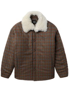 brown wool blend plaid check pattern front button fastening classic collar faux-fur collar drop shoulder embroidered logo at the chest long sleeves two side welt pockets buttoned cuffs straight hem Plaid Outerwear With Button Closure And Spread Collar, Classic Plaid Outerwear With Spread Collar, Balenciaga Triple S, Short Suit, Faux Fur Collar, Sweaters Knitwear, Print Jacket, Mens Outerwear, Check Pattern