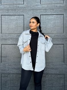 Shacket Button-up Longsleeves Pockets on front Collar 95% Poly + 5% Elastane Non-sheer Non-stretching Fit: True to size SIZE CHART (Measured in inches) Size Fits Like Length Bust Small 2/4 28 44 Medium 6 28.5 46 Large 8/10 29 48 Model Specs Arzoo is wearing a SMALL. Height: 5'4 Size: 2/4 Stretch Button-up Fall Outerwear, Stretch Button-up Outerwear For Fall, Stretch Button-up Outerwear For Work, Trendy Stretch Button-up Outerwear, Long Sleeve Tops With Snap Buttons For Layering, Casual Stretch Button-up Outerwear, Stretch Snap Button-up Tops, Stretch Button-up Tops With Snap Buttons, Stretch Outerwear With Long Sleeves For Day Out