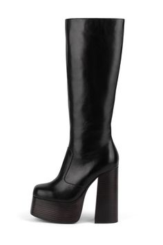 Knee-high platform chunky heeled boot. Fits true to size Measurements taken from size 7 5.5" heel, 2" platform 14" shaft, 13.5" calf, 15.5" top opening Leather upper, leather lining, synthetic sole Zipper closure 90s Boots, Chunky Heeled Boots, Hey Joe, Platform Sandals Heels, Jeffrey Campbell Shoes, Dream Shoes, Sneaker Heels, Platform Boots, Jeffrey Campbell