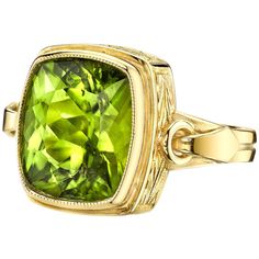 It's so easy being green! Wear this brilliant, absinthe colored peridot with anything. This ring features a large, fine quality, cushion cut peridot, bezel set in an exquisitely hand-engraved ring with classical details. The level of craftsmanship and attention to detail showcased in this ring is seldom seen today. Handmade in 18k yellow gold by our Master Jewelers in Los Angeles. Peridot, 13.30 x 11.20mm, 9.24 carats Ring size 8.5 Complimentary sizing as needed Rings Multiple, Peridot Rings, Rings Green, Peridot Jewelry, Bezel Set Ring, Rings Fashion, Green Jewelry, Peridot Ring, Gold Band Ring