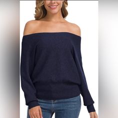 Feiersi Women's Off Shoulder Sweater Long Sleeve Loose Pullover Knit Jumper Size - X-Large Color- Navy Blue Blue Off-shoulder Top For Fall, Casual Soft Knit Off-shoulder Tops, Casual Off-shoulder Soft Knit Top, Casual Off-shoulder Sweater, Cozy Off-shoulder Winter Tops, Chic Blue Soft Knit Top, Fine Knit Blue Sweater For Fall, Cozy Soft Knit Blue Tops, Cozy Blue Top For Fall