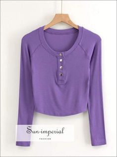 Women Ribbed Purple Long Sleeve O Neck front Buttons Cropped top T- Shirt Cheap Casual Purple Shirt, Cheap Solid T-shirt With Buttons, Cheap Purple Long Sleeve Tops, Cheap College T-shirt With Ribbed Cuffs, Cheap Tops With Snap Buttons, Lavender Tops With Button Closure, Cheap Purple Shirt With Pockets, Cheap Ribbed Button-up Tops, Cheap Seamless Purple Tops