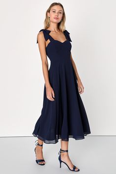 Navy Blue Dress - Tie-Strap Midi Dress - A-Line Midi Dress - Lulus Elegant Midi Dress With Bow Straps For Brunch, Sweetheart Neckline Midi Dress With Tie Straps For Party, Blue Formal Dress With Adjustable Straps, Party Midi Dress With Sweetheart Neckline And Tie Straps, Elegant Strappy Dress With Tie Straps, Party Midi Dress With Bow Straps, Spring Formal Midi Dress With Tie Straps, Elegant Strappy Dress With Knotted Straps, Elegant Blue Midi Dress With Adjustable Straps