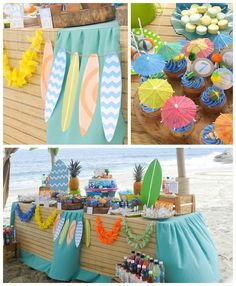 an image of a beach party with cupcakes and desserts on the table