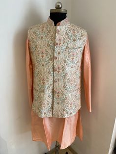 Multicolour thread work jacket with raw silk kurta. Includes- kurta ,pajama and jacket. Colour options available. Cream Long Sleeve Nehru Jacket With Naqshi, Designer Raw Silk Sherwani Straight Kurta, Cream Nehru Jacket With Zari Work Long Sleeve, Designer Raw Silk Sherwani In Straight Kurta Style, Cream Long Sleeve Nehru Jacket For Festive Occasions, Cream Nehru Jacket With Zari Work For Eid, Cream Nehru Jacket With Naqshi For Eid, Eid Cream Nehru Jacket With Zari Work, Cream Long Sleeve Nehru Jacket For Diwali