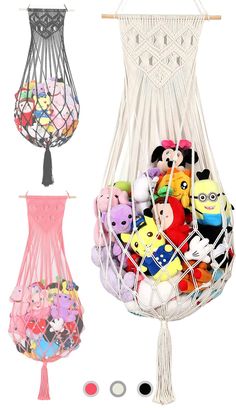 a hammock with stuffed animals in it and two other items hanging from the ceiling