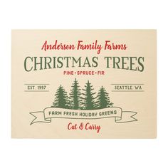 christmas trees cut & carry sign with pine trees on the bottom and ribbon around the edges