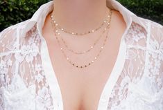 "Our Triple Layer Necklace is so delicate and chic. This dainty layered necklace is made with 14K gold filled or Sterling Silver chain which catches the light so beautifully and just sparkles. It's truly a gorgeous piece to add to your collection. It's great to wear with a nice low cut dress or dress it down with jeans & a loose tank top. Either way, you will be getting endless compliments! ---------------------- FEATURES ◊ Beautiful 14K gold filled or sterling silver linked chain ◊ Necklace Low Cut Dress, Chain Link Necklace Silver, Triple Layer Necklace, Loose Tank Top, Delicate Gold Necklace, Delicate Necklaces, Low Cut Dresses, Loose Tank, Necklace Layered