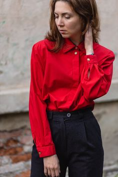 "Vintage red blouse womens. Classic button up blouse shirt with embroidered collar and red buttons  60% cotton 40% polyester Marked size 44 Free size like oversize (S-M-L) Measurements * Chest 57 cm / 22.4 in * Total length 71 cm / 28 in * Shoulders 47 cm / 28 in * Sleeve length 60 cm / 23.6 in Model is XS 5'10\"/178cm and measures 33\"/84cm bust, 25\"/64cm waist, 38\"/97cm hips Perfect vintage condition. Without visible defects, clean and ready to wear Please contact me if you have any further questions, I will gladly answer" Shirt Without Buttons, Red Button Up Shirt Outfit, Red Blouse Outfit, Red Button Up Shirt, Embroidered Collars, Red Blouse, Spring Summer 2024, Modern Wardrobe, Red Button