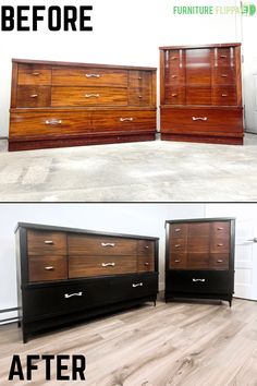 before and after photos of an old dresser turned into a modern piece of art furniture