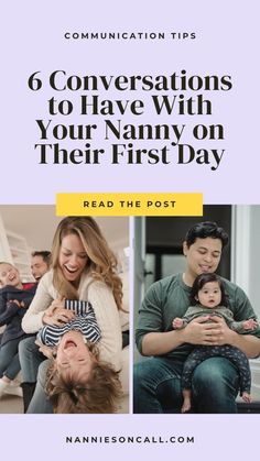 four photos with the words communication tips 6 conversations to have with your baby on their first day