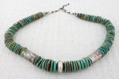 “Old World” Kingman Turquoise Disc Bead Necklace With Stamped Sterling Silver Barrel And Center Disc Beads. Masterfully Handmade And Designed By Santo Domingo Pueblo Artist DANIEL CORIZ . Turquoise Necklaces, Jewelry Stones, Cowgirl Bling, Silver Turquoise Jewelry, Necklace Bead, Earrings Indian, American Indian Jewelry, Handmade Beaded Necklaces, Bracelet Design