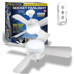 a white ceiling fan with two lights on it's blades in front of a box