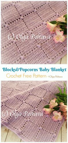 crochet baby blanket with flowers on it and the words blocks & popcorns baby blanket