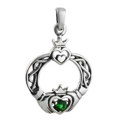 Irish Claddagh Charm Pendant Details: - Claddagh charm is made of genuine 925 sterling silver - Stamped 925 - Emerald colored green glass - Measures approx 25mm x 20mm (1" x 13/16") - Includes a soldered bailShipping Details:  - All orders are shipped within 1 to 2 business days from California, US - Shipping time frames may become a bit longer as gift-giving holidays approach.  Let us know if something is needed by a certain day and we will do our very best to work with you to get it to you in Green Symbolic Nickel-free Jewelry, Silver Charms Jewelry For May Birthstone, Silver Jewelry With May Birthstone Charms, Symbolic Green Gemstone Jewelry, Silver Jewelry With Charms For May Birthstone, Green Charms Jewelry For Anniversary, Symbolic Green Sterling Silver Jewelry, Green Symbolic Sterling Silver Jewelry, Irish Knot