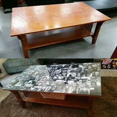 an old coffee table has been transformed into a side table with photos on the top