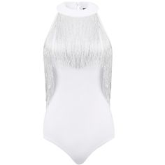 The halter-neck and fringe trim create a flattering and feminine silhouette, accentuating your curves in all the right places. Made from good quality, lightweight, and breathable fabric, this romper is perfect for warmer weather. You'll stay cool and comfortable while looking better. The fringed design will make the whole dress more beautiful. This fringe bodysuit romper is made up of several design points: tassel fringe trim, halter neck, snap crotch on the bottom, keyhole back, sleeveless, and Summer Party Halter Top With Fringe, Summer Party High Neck Bodysuit, Summer Party Fringe Halter Top, High Neck Bodysuit For Summer Parties, Summer Fringe Halter Top For Party, Glamorous Sleeveless Club Bodysuit, White Sleeveless Party Bodysuit, White Sleeveless Bodysuit For Party, Chic Sleeveless Party Bodysuit