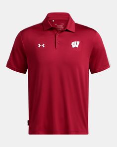 the under armour polo shirt is red and has white letters on the chest, while it sits