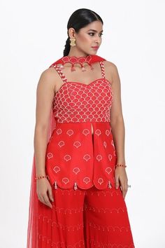 Red padded peplum kurta with beads, cutdana and thread hand embroidery. Comes with sharara and a dupatta. - Aza Fashions Red Sleeveless Designer Sharara, Red Embellished Sleeveless Sets, Red Sleeveless Embellished Sets, Red Sleeveless Sharara For Wedding, Red Sleeveless Sets For Festive Occasions, Sharara Set, Red Silk, Fashion App, Aza Fashion