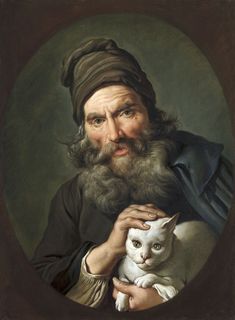 a painting of a man holding a white cat in his right hand and wearing a turban