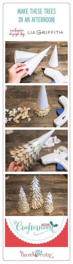 the instructions for how to make these trees in an afternoon with paper cones and scissors