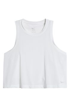 Head to the gym or studio in this breathable mesh tank constructed from sweat-wicking Dri-FIT fabric in a playfully cropped silhouette. 18 1/2" length (size Medium) Crewneck Semisheer Dri-FIT moisture-wicking technology 80% polyester, 20% spandex Machine wash, tumble dry Imported White Mesh Stretch Crop Top, Summer Mesh Athleisure Crop Top, Summer Athleisure Mesh Crop Top, White Breathable Mesh Activewear For Athleisure, Breathable White Crop Top For Workout, White Sleeveless Sports Crop Top, White Mesh Sleeveless Tank Top, White Sleeveless Crop Top For Sports, Nike Tops For Light Sports