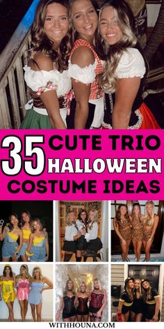 halloween costumes for girls with the words 35 cute trio halloween costume ideas on top and bottom