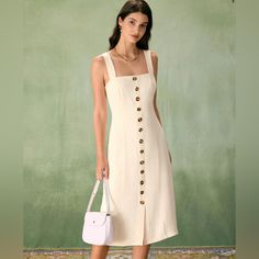 Details: - Occasion: Daily - Style: Casual - Season: Spring, Summer - Fabric Stretch: No Stretch - Waist: High Waisted - Dresses Length: Midi - Dress Type: Sheath Dress - Silhouette: Sheath - Fabric: Polyester 100.0% - Lining: Polyester 100.0% Description: The Square Neckline Adds A Touch Of Sophistication To This Button Midi Dress, Creating A Flattering Silhouette That Accentuates The Shoulders And Collarbones. Paired With Delicate Spaghetti Straps, It Exudes A Subtle Allure While Providing Com Bare Shoulder Dress, Button Midi Dress, Apricot Dress, Slip Midi Dress, High Waist Dress, Lightweight Dress, Summer Fabrics, Dress Silhouette, Midi Maxi Dress