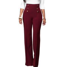 Burgundy Button Detail Casual Flare Pants Full Length Wide Leg Pants With Buttons For Office, Wide Leg Full Length Pants With Buttons For Office, Solid Color High-waisted Dress Pants With Buttons, High-waisted Solid Color Dress Pants With Buttons, Straight Office Pants With Button Cuffs, High-waisted Dress Pants With Buttons, Fitted Button-up Pants For Fall, Solid Color Wide Leg Pants With Button Cuffs, Office Pants With Button Cuffs