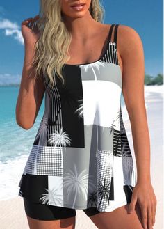 Color:Black;Size:S;Size:M;Size:XXL;Bra Style:Padded;Support:Wire Free;Pad Style:Removable;Strap Style:Adjustable;Package Contents:1 X Tankini Top , Without Bottom;Occasion:Sport;Style:Tribal; Black Tankini Top, Plants Print, Plus Size Boho, Black Tankini, Printed Tankini, Vintage Swimwear, Two Piece Swimwear, Tankini Set, Swimwear Cover Ups