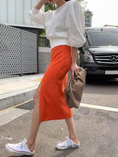 Orange Knitted Skirts Women Elastic Waist Split Pencil Skirt Korean Casual Bodycorn Long Midi Skirt Sweet Vintage Elegant Casual Orange Pencil Skirt, Chic Stretch Orange Skirt, Trendy Orange Skirt For Fall, Casual High Waist Orange Skirt, White Pencil Skirt For Fall, Chic Knee-length Orange Skirt, Chic Orange Knee-length Skirt, Chic Orange Pencil Skirt, Knitted Skirts