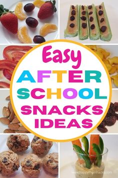 the words easy after school snacks are shown in different pictures and there is also an image of