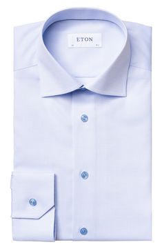 Crease-resistant performance cotton ensures a fresh look all day long in a smart dress shirt featuring cuffs that convert from French to button. Style Name:Eton Slim Fit Solid Dress Shirt. Style Number: 6235585. Light Blue Slim Fit Dress Shirt For Formal Occasions, Formal Light Blue Slim Fit Dress Shirt, Blue Business Shirt With Fold Down Collar, Blue Dress Shirt With Concealed Placket, Fitted Light Blue Dress Shirt For Work, Modern Blue Formal Dress Shirt, Elegant Light Blue Dress Shirt For Business, Elegant Light Blue Business Dress Shirt, Light Blue Formal Shirt With Button Cuffs