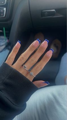 Royal French Tip Nails, Square French Tip Acrylic Nails Blue, Royal Blue French Tips Square, Hoco Nail Ideas Royal Blue, Nails To School, Nail Inspo Blue French Tip, French Nails Blue Tips, Navy Blue French Tip Nails Coffin, Blue French Square Nails