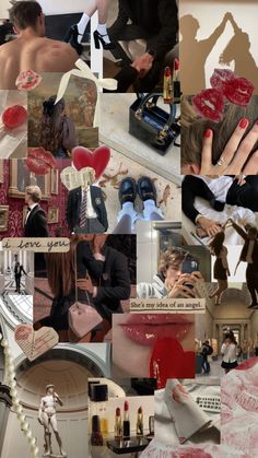 a collage of photos with people and objects in them, including shoes, bags, lipstick, perfumes