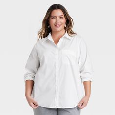 Elevate your shirt collection with this Slim-Fit Boyfriend Tailored Long-Sleeve Button-Down Shirt from A New Day™. This lightweight poplin shirt is made of a cotton blend with spandex for comfortable wear that moves and stretches with you. It features a collared neck, a full-length button-down front, a chest patch pocket, long sleeves with buttoned cuffs and a back yoke for a polished appearance. The tailored boyfriend shirt offers a flattering slim fit with a tuckable, curved hem, perfect for b Macys Plus Size Button Down Longline Shirt, Boyfriend Shirt, Poplin Shirt, Boyfriend Fit, Button Front Shirt, Linen Women, Plus Size Shirts, A New Day, Plus Size Tops