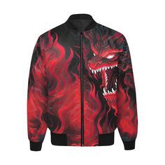 Turn up the heat in style with our Hell Dragon Quilted Bomber Jacket. This striking jacket is a fiery fashion statement, featuring a vivid red Flame Dragon that commands attention. Whether you're looking to make a bold entrance at a special event or simply elevate your daily look, this jacket is your ideal companion. Unleash your inner fire and embrace your unique style with our Asian Flames Quilted Bomber Jacket. • 23 Oz. 100% Polyester• Nylon front zipper closure• Quilted lining• High definiti Bold Fitted Long Sleeve Outerwear, Casual Red Outerwear With Stand Collar, Fitted Red Outerwear For Streetwear, Red Winter Outerwear For Streetwear, Red Winter Streetwear Outerwear, Red Graphic Print Outerwear For Streetwear, Luxury Red Men's Outerwear, Luxury Red Leather Jacket For Men, Dragon Jacket