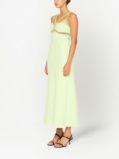 Find SIMKHAI Sevilla Sleeveless Midi Dress on Editorialist. lime green cut-out detailing scallop edge sweetheart neck sleeveless flared mid-length straight hem Kelly Green Maxi Dress, Europe Fits, Cute Formal Dresses, Spring Formal, Colorful Cocktails, Wedding Wardrobe, Green Maxi Dress, Custom Dress, Broken White