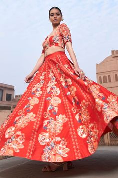 Red bemberg silk lehenga with floral digital printed motifs and sequins embroidery. Comes with a zari embroidered blouse. - Aza Fashions Silk Lehenga With Printed Motifs In Traditional Drape, Silk Lehenga With Printed Motifs And Traditional Drape, Festive Silk Lehenga With Printed Motifs, Silk Lehenga With Printed Motifs For Festive Occasions, Festive Silk Choli With Printed Motifs, Bollywood Silk Lehenga With Printed Motifs, Festive Floral Print Choli, Silk Lehenga With Digital Print In Saree Style, Festive Art Silk Choli With Printed Motifs