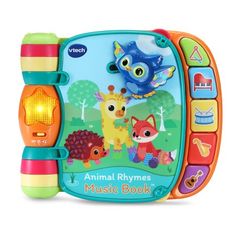 an animal rhymes music book with animals on the front, and colorful lights in the back