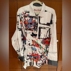 Like New Designer White Printed Shirt, Designer Printed White Shirt, Elegant White Shirt With Graphic Print, Designer Formal Multicolor Shirt, Designer Multicolor Formal Shirt, Elegant Multicolor Cotton Shirt, Robert Graham, Mens Shirt Dress, Dress Shirts