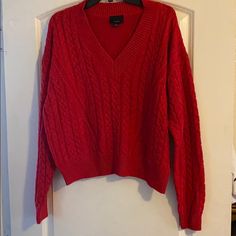 Lumiere Deep V-Neck Cable Knit Sweater Long Sleeves Red New Large S Cheap Burgundy Sweater For Winter, Bright Red Sweater Outfit, Casual Red V-neck Cardigan, Red Knit V-neck Top, Red Knitted V-neck Top, Red V-neck Sweater For Spring, Red V-neck Casual Cardigan, Casual V-neck Cropped Sweater For Winter, Red V-neck Knit Cardigan