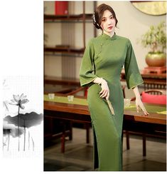 Vintage Cheongsam Dress Green/Blue 4 Long Cheongsam For Tea Ceremony, Green Elegant Cheongsam With Stand Collar, Elegant Green Cheongsam With Stand Collar, Long Dresses For Tea Ceremony, Traditional Dresses For Tea Ceremony, Elegant Green Dress With Stand Collar, Green Dresses For Tea Ceremony, Elegant Long Sleeve Cheongsam For Tea Ceremony, Elegant Long Sleeve Cheongsam