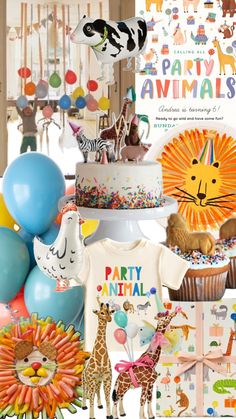 a collage of birthday items including balloons, cake and other animal related items are shown