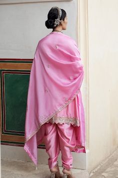 Gulabi kurta with silver zardosi, pearls and stones embroidery and cutwork hem detailing. Paired with coordinating dupatta and solid dhoti pant - Aza Fashions Traditional Drape Kurta With Tilla For Eid, Festive Kurta With Tilla And Traditional Drape, Traditional Drape Dupatta With Tilla, Traditional Tilla Dupatta For Eid, Dhoti Pants, Pink City, Women Kurta, Straight Kurta, Silk Embroidery