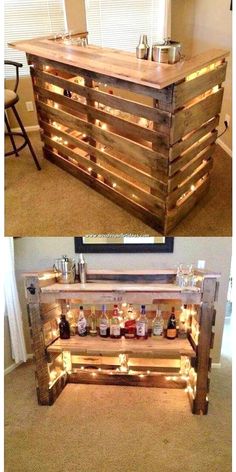 an old pallet is transformed into a bar with lights on the top and bottom